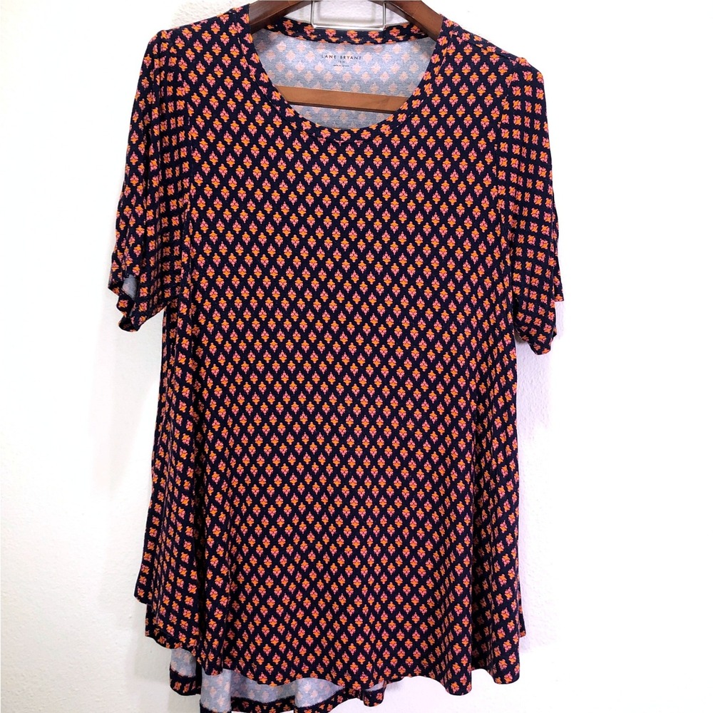 Lane Bryant Women 18/20 Navy Blue Orange Diamond Print Swing Top Short Sleeve